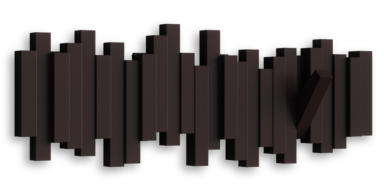 Moderne Wandgarderobe mit geometrischem Design in dunkler Farbe, frontal betrachtet.