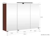 Spiegelschrank mit drei Türen, brauner Korpus, Maße 100 cm Breite, 64 cm Höhe, 20 cm Tiefe, Frontansicht