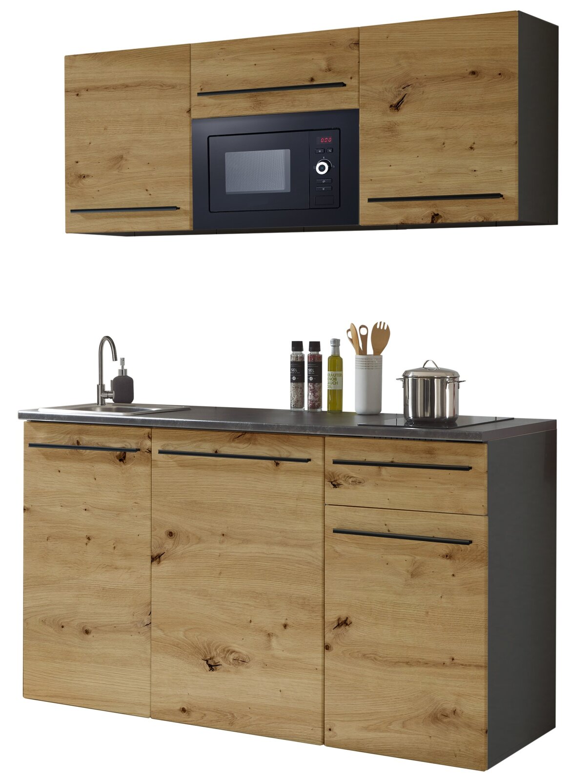 Yourkitchen Single-Küche 160 JAZZ Moderne Single-Küche 160 mit Holzoptik, bestehend aus einem Unterschrank mit Spüle und Arbeitsfläche sowie einem Hängeschrank mit eingebauter Mikrowelle. Frontansicht.