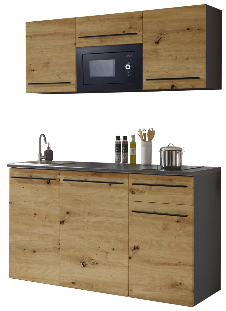 Moderne Single-Küche 160 mit Holzoptik, bestehend aus einem Unterschrank mit Spüle und Arbeitsfläche sowie einem Hängeschrank mit eingebauter Mikrowelle. Frontansicht.
