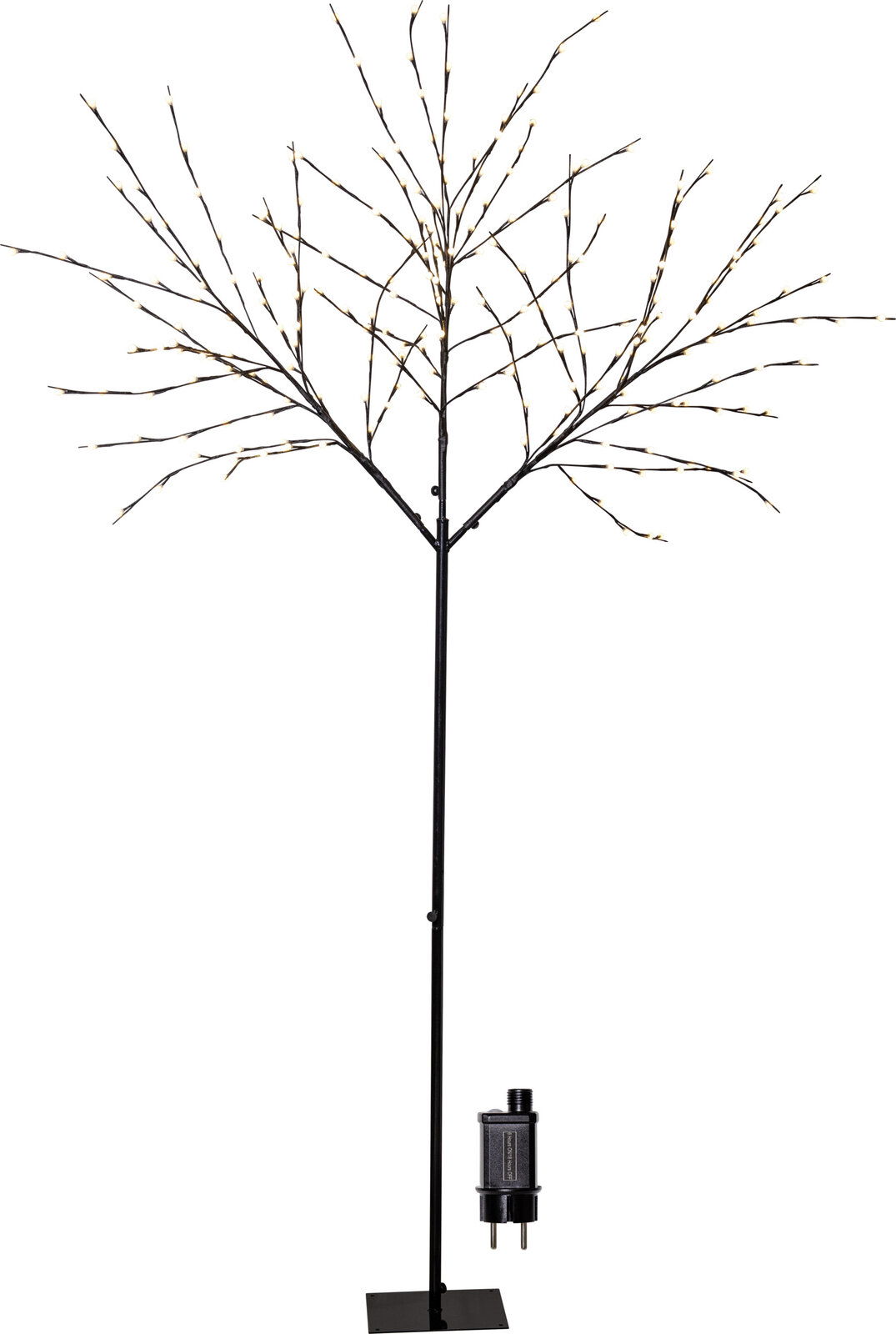 STAR TRADING ALBERO LED-buitenboompje Schwarzer LED-Dekobaum mit warmweißen Lichtern auf Metallständer, freigestellt vor weißem Hintergrund, Frontansicht