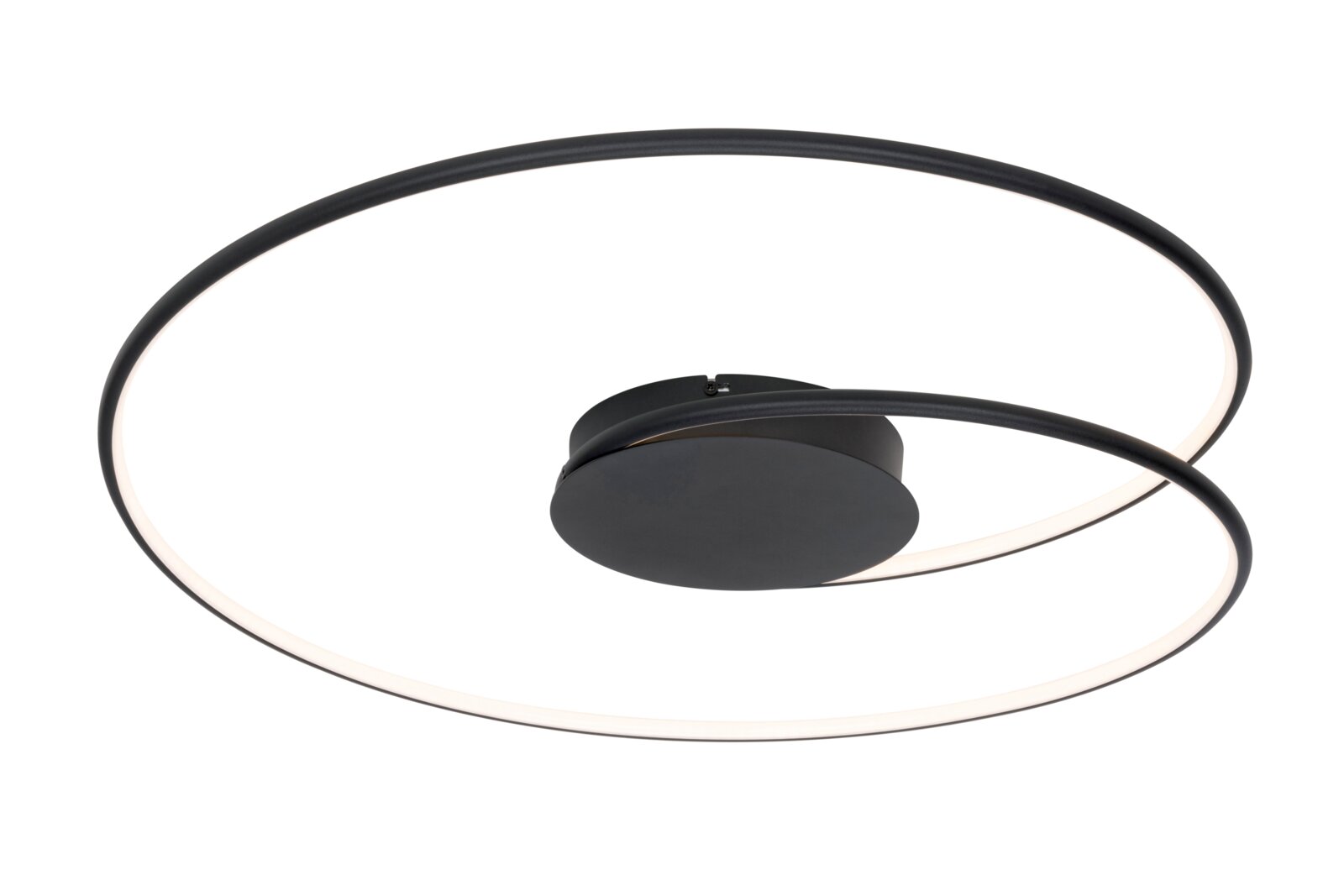 Moderne LED-Deckenleuchte in schwarzem Design mit spiralförmigem Leuchtring, seitliche Perspektive