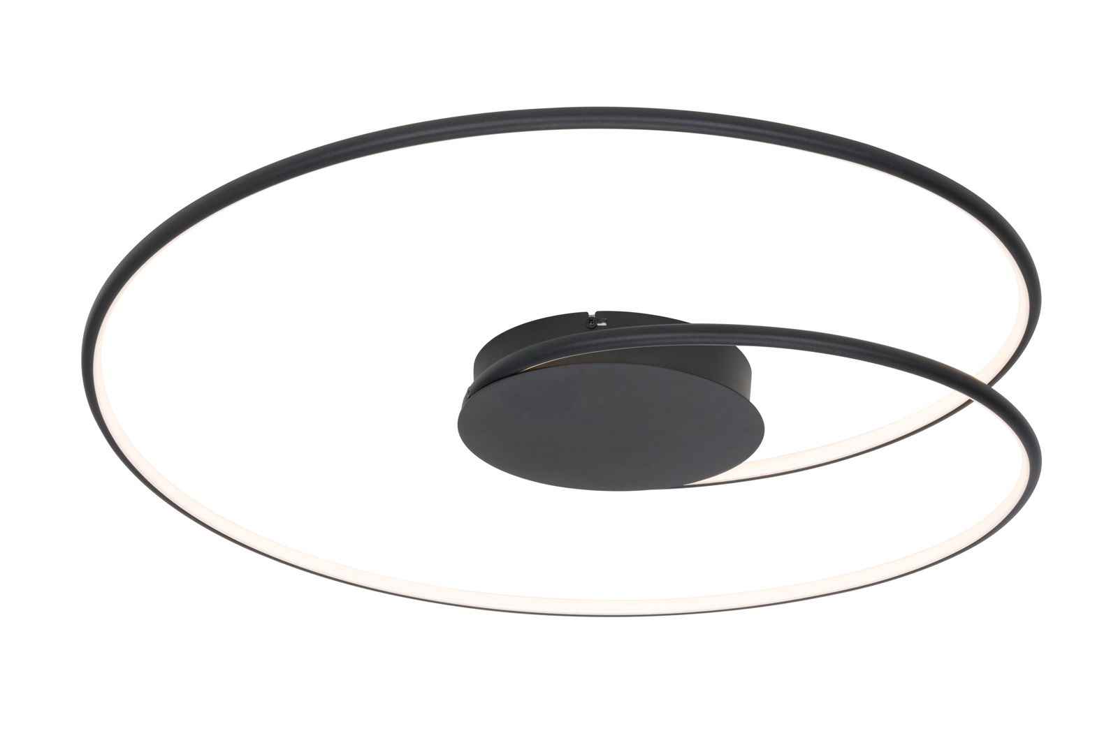 Novel LED-Deckenleuchte BIRMINGHAM Moderne LED-Deckenleuchte in schwarzem Design mit spiralförmigem Leuchtring, seitliche Perspektive