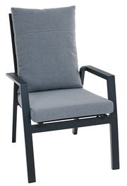 Grauer Comfort Plus Stapelsessel mit gepolstertem Sitz und Rückenlehne, seitliche Perspektive