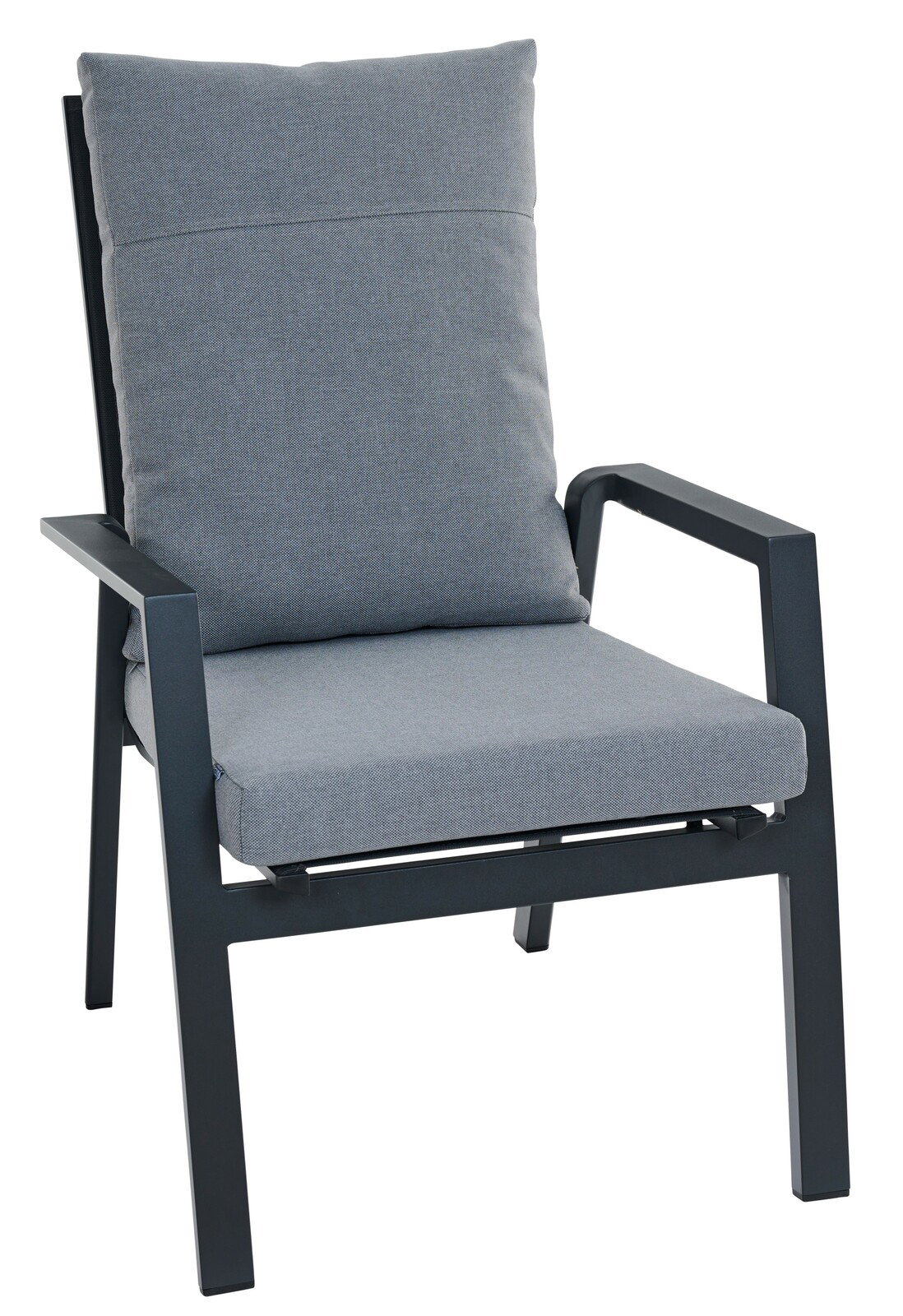 Grauer Comfort Plus Stapelsessel mit gepolstertem Sitz und Rückenlehne, seitliche Perspektive