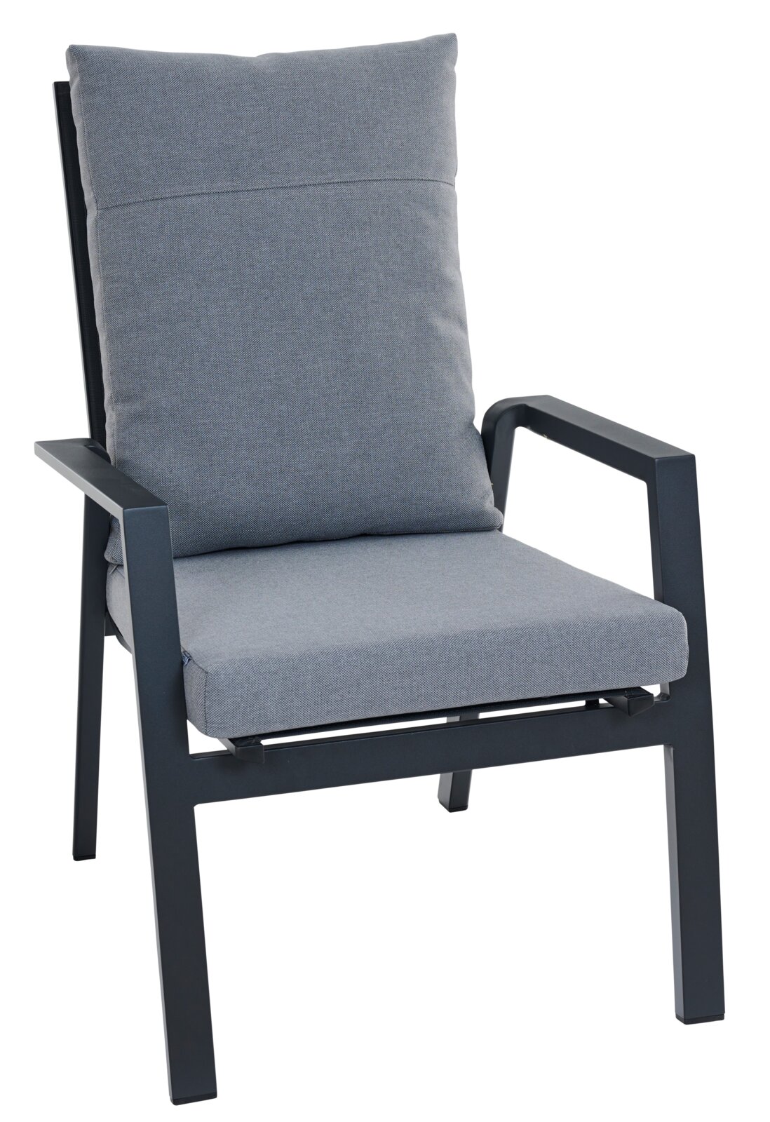 Grauer Comfort Plus Stapelsessel mit gepolstertem Sitz und Rückenlehne, seitliche Perspektive