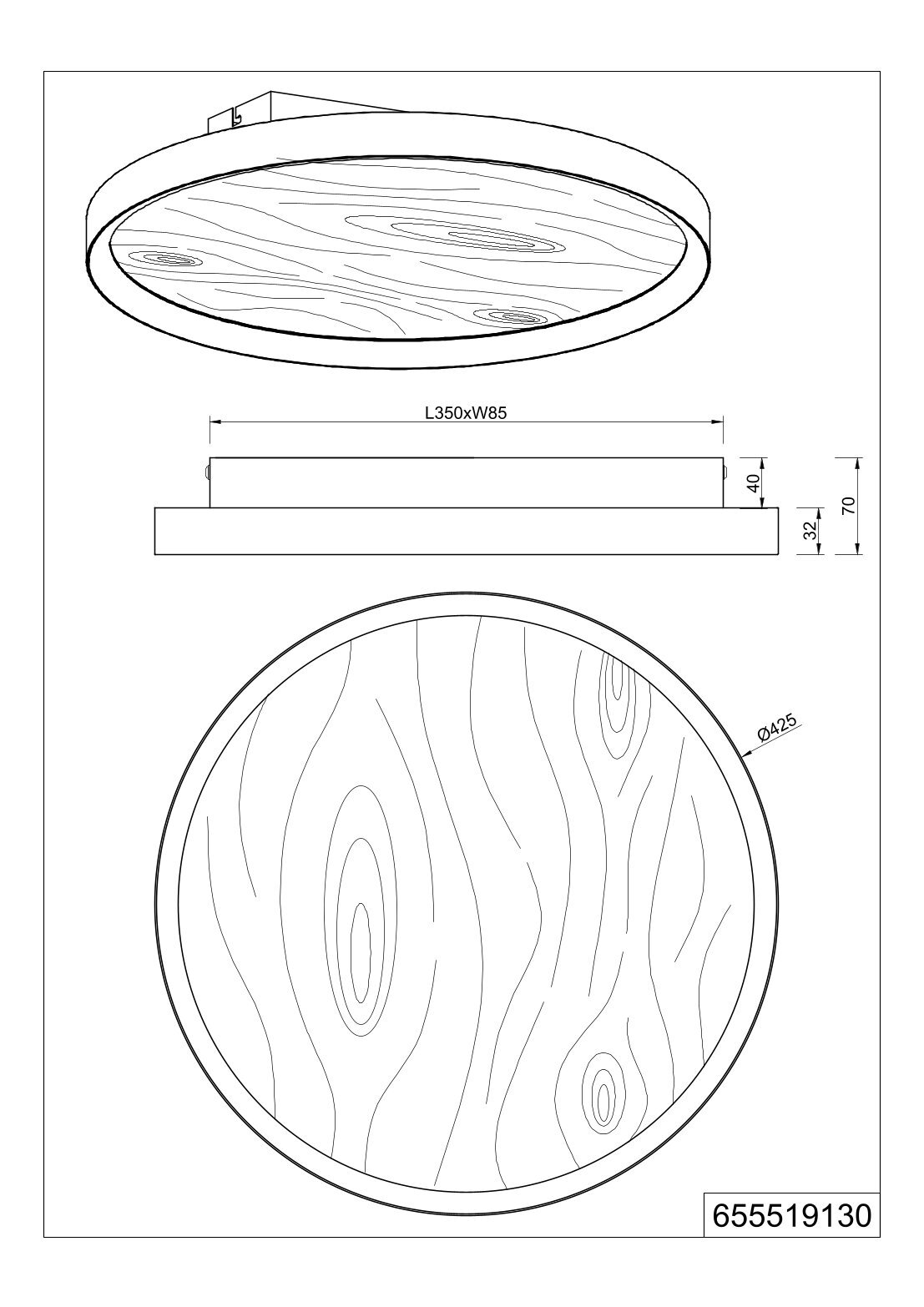 Runde Deckenleuchte mit Holzoptik und umlaufendem Rahmen, technische Zeichnung mit Draufsicht, Seitenansicht und schräger Perspektive; Durchmesser ca. 425 mm