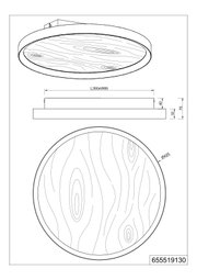 Runde Deckenleuchte mit Holzoptik und umlaufendem Rahmen, technische Zeichnung mit Draufsicht, Seitenansicht und schräger Perspektive; Durchmesser ca. 425 mm
