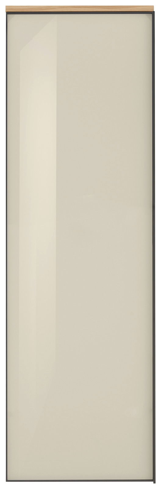 Frontansicht eines modernen Hängegarderobenschranks mit glatter, beiger Oberfläche und Holzleiste oben.