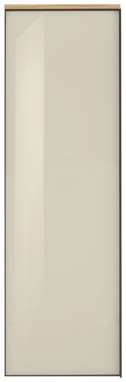 Frontansicht eines modernen Hängegarderobenschranks mit glatter, beiger Oberfläche und Holzleiste oben.