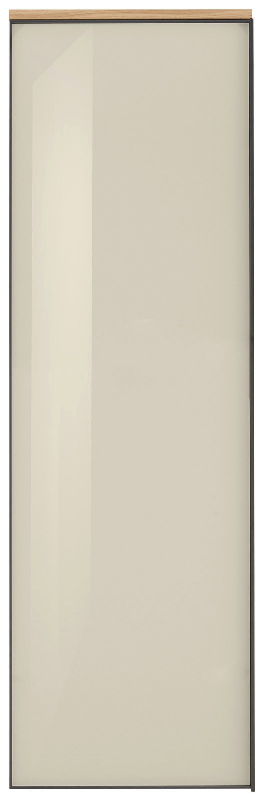 Frontansicht eines modernen Hängegarderobenschranks mit glatter, beiger Oberfläche und Holzleiste oben.