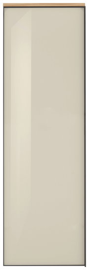 Frontansicht eines modernen Hängegarderobenschranks mit glatter, beiger Oberfläche und Holzleiste oben.