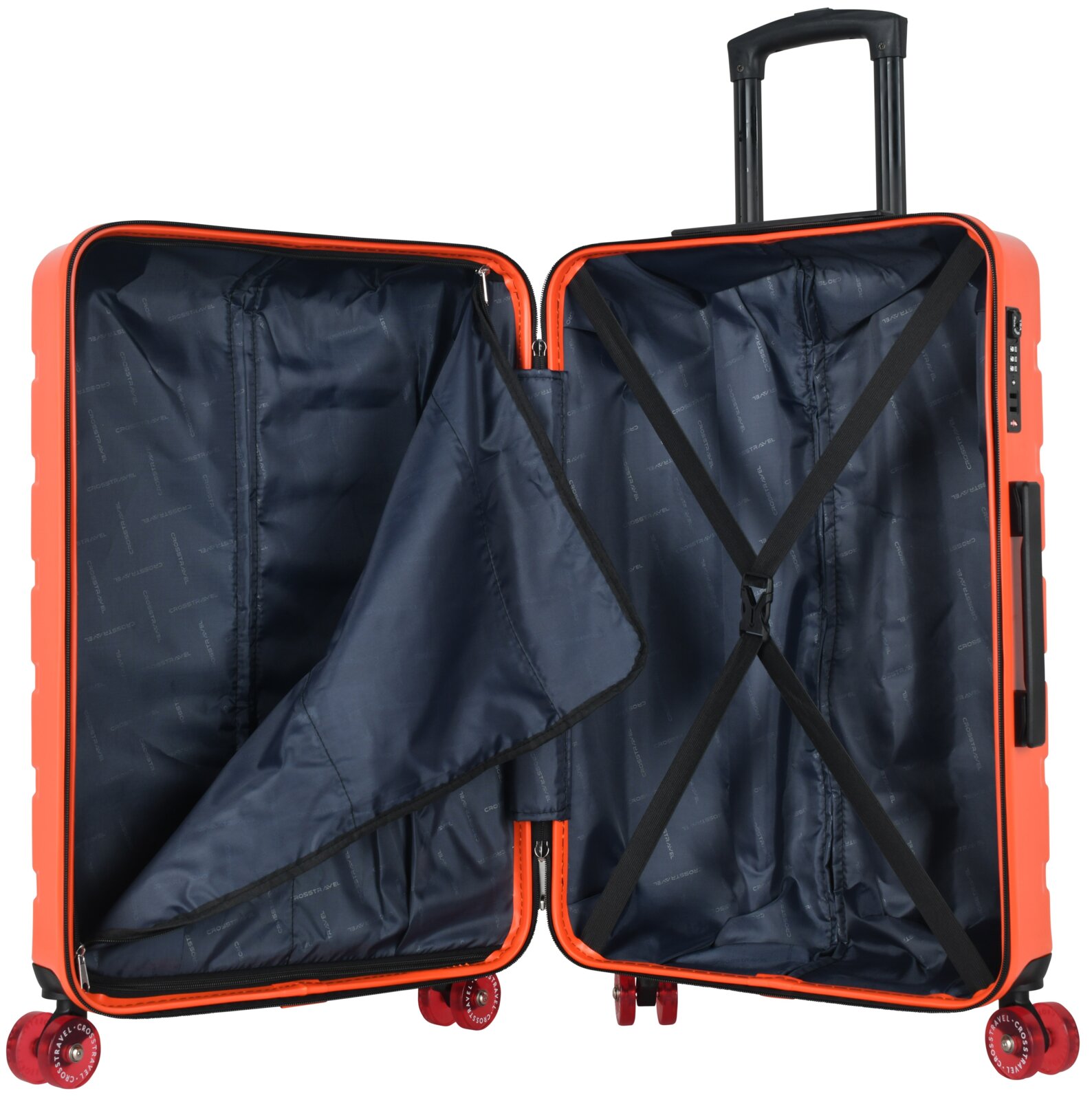 Geöffneter orangefarbener Hartschalen-Trolley mit dunkelblauem Innenfutter, Reißverschluss-Trennfach, Kreuzspanngurten und ausgezogenem Teleskopgriff, Frontansicht