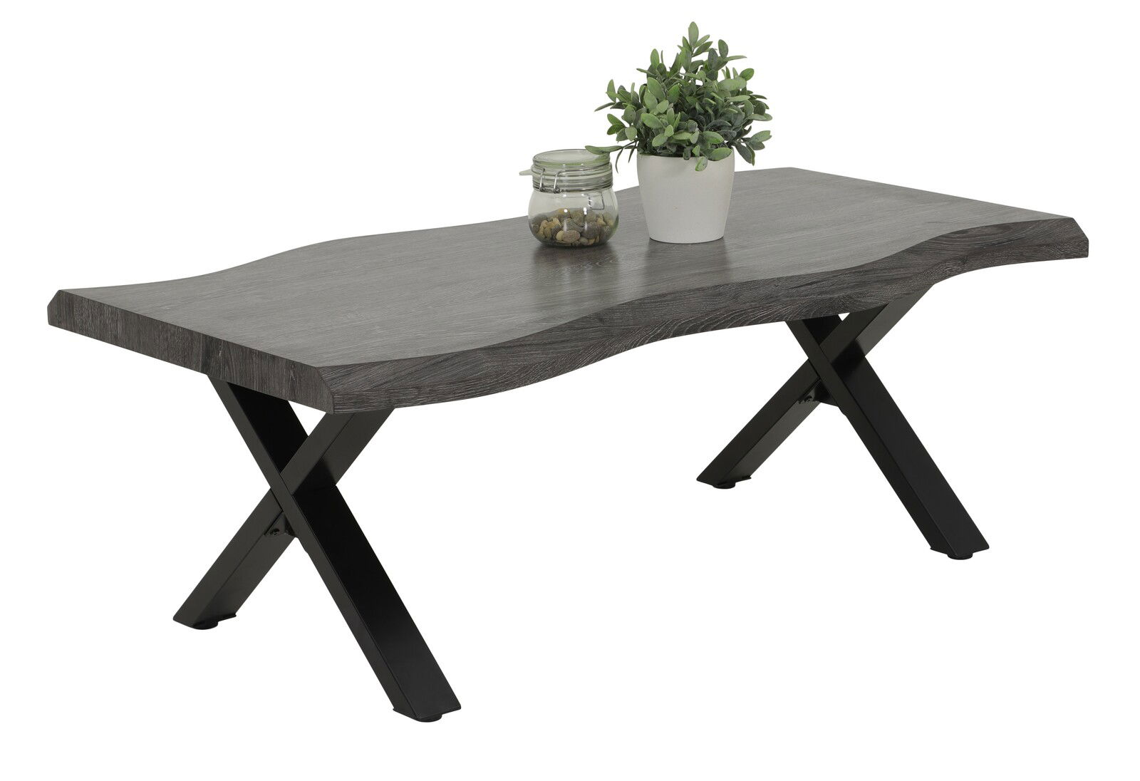 Moderner Couchtisch mit wellenförmiger grauer Tischplatte und schwarzen X-förmigen Beinen, seitliche Perspektive.