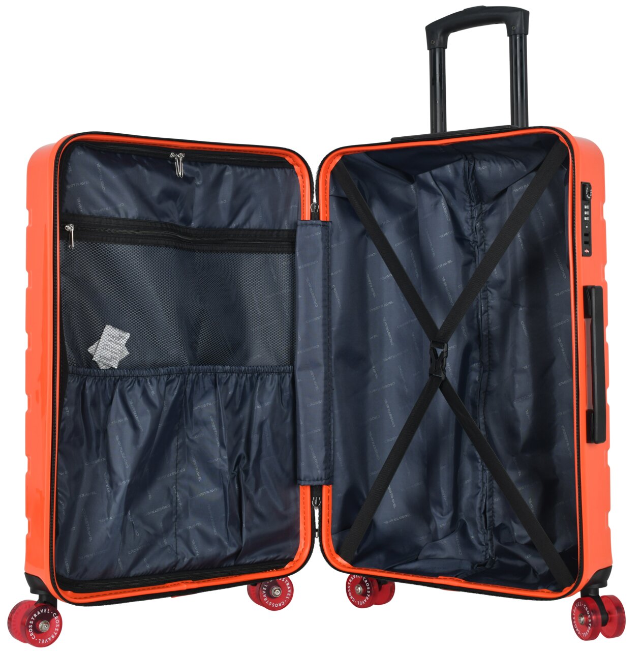 Geöffneter orangefarbener Hartschalenkoffer mit dunkelblauem Innenfutter, Reißverschluss-Netzfach und Kreuzspanngurten, Teleskopgriff und vier Rollen sichtbar, Frontansicht