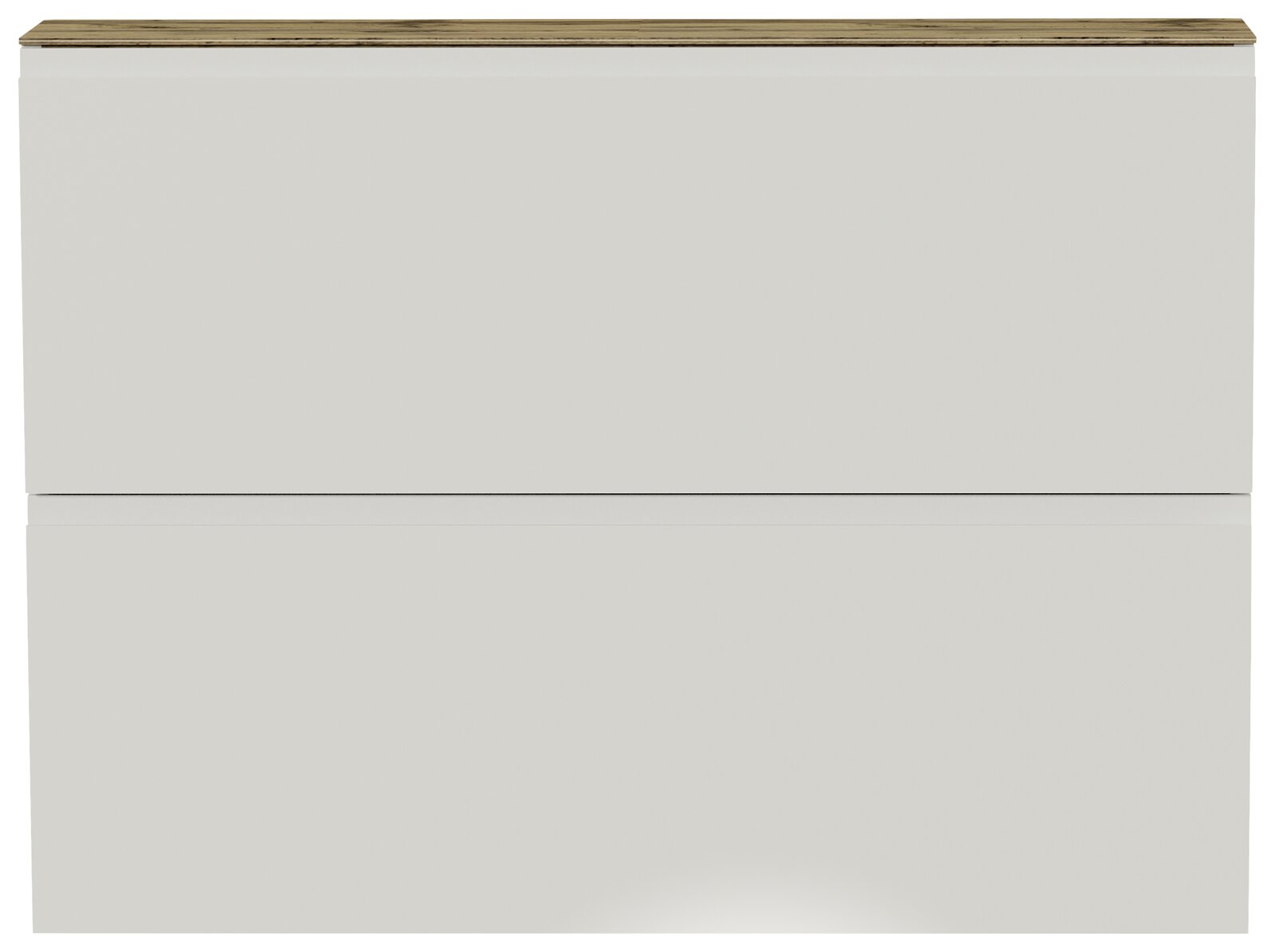 Moderner Hängeschuhschrank 2K-T22 in Weiß mit Holzoberfläche, frontale Ansicht