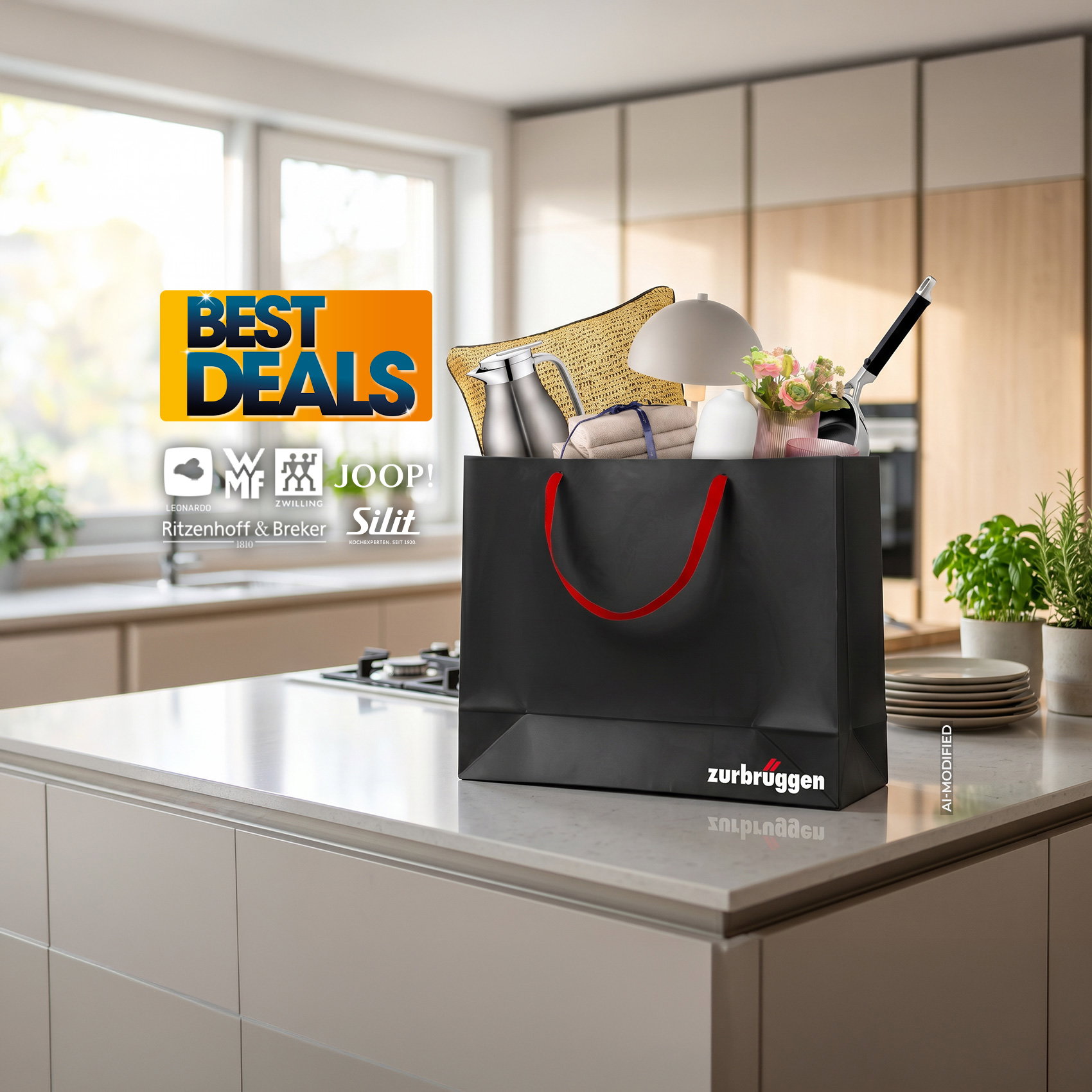 Schwarze zurbrüggen-Tasche mit Haushaltswaren in moderner Küche, Best-Deals-Logo. KI-generiert