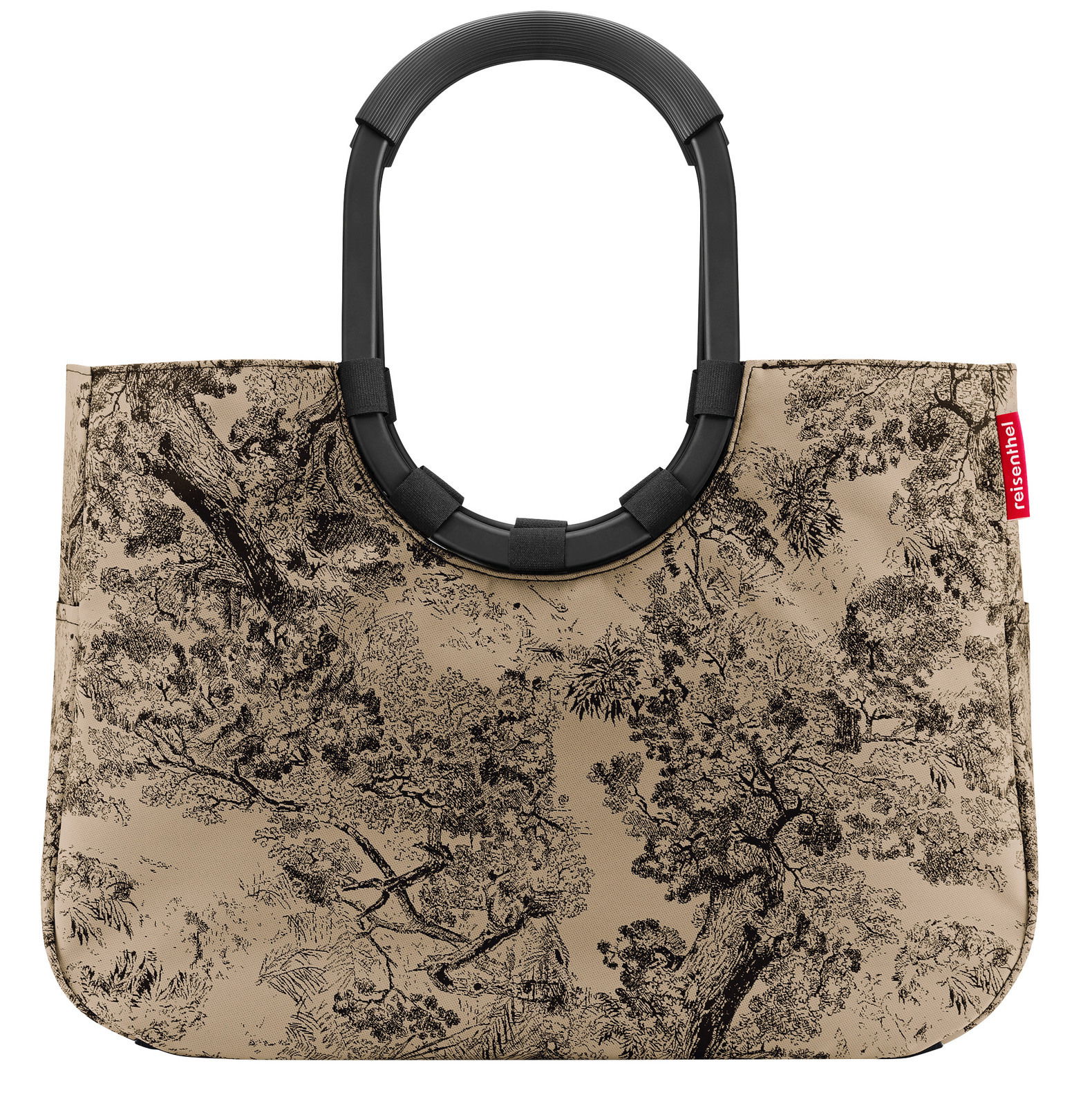 Stilvolle Einkaufstasche mit schwarzem Griff und naturinspiriertem Muster, Vorderansicht