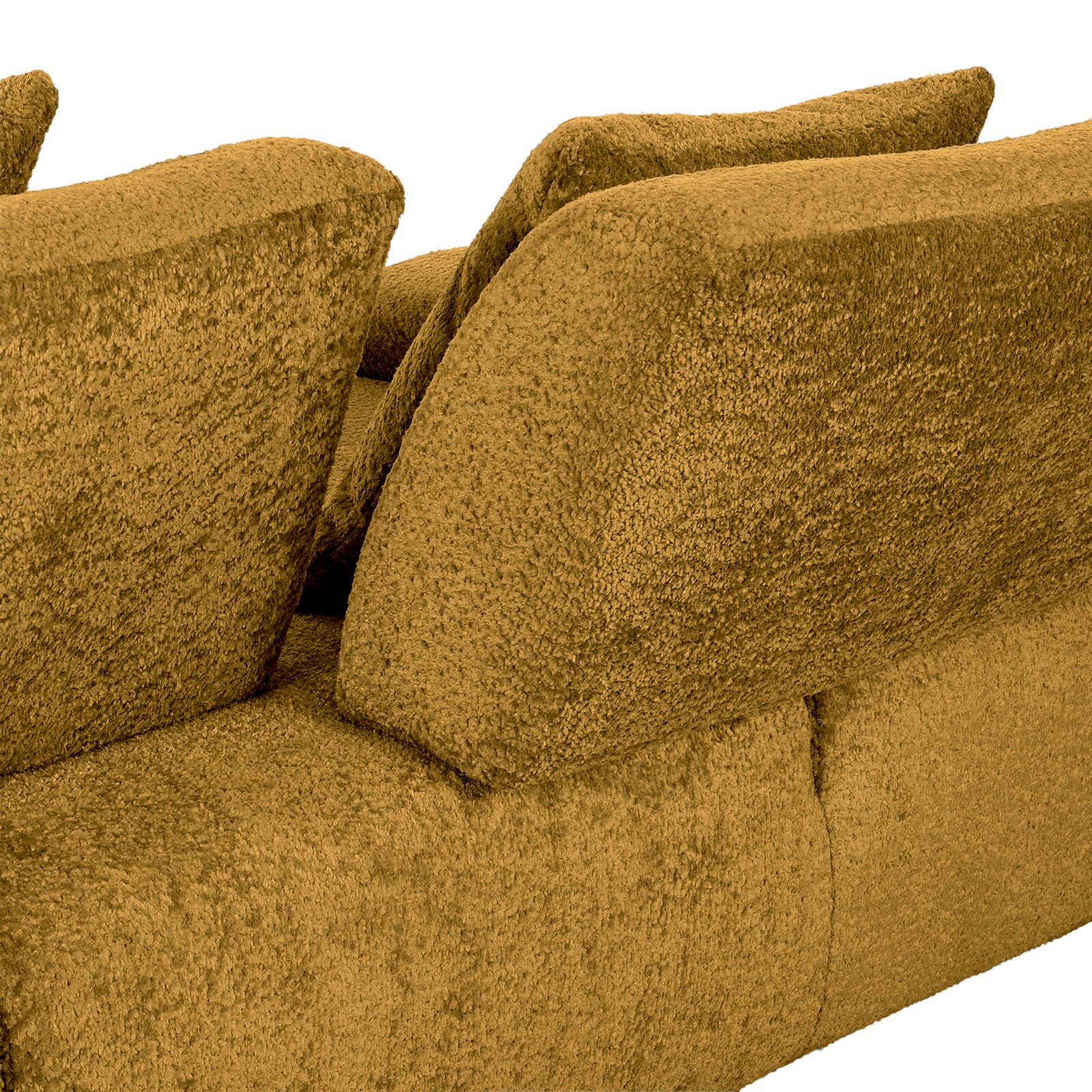 Rückansicht eines zweisitzigen Sofas mit weichem, strukturiertem Stoff in einem warmen Braunton.