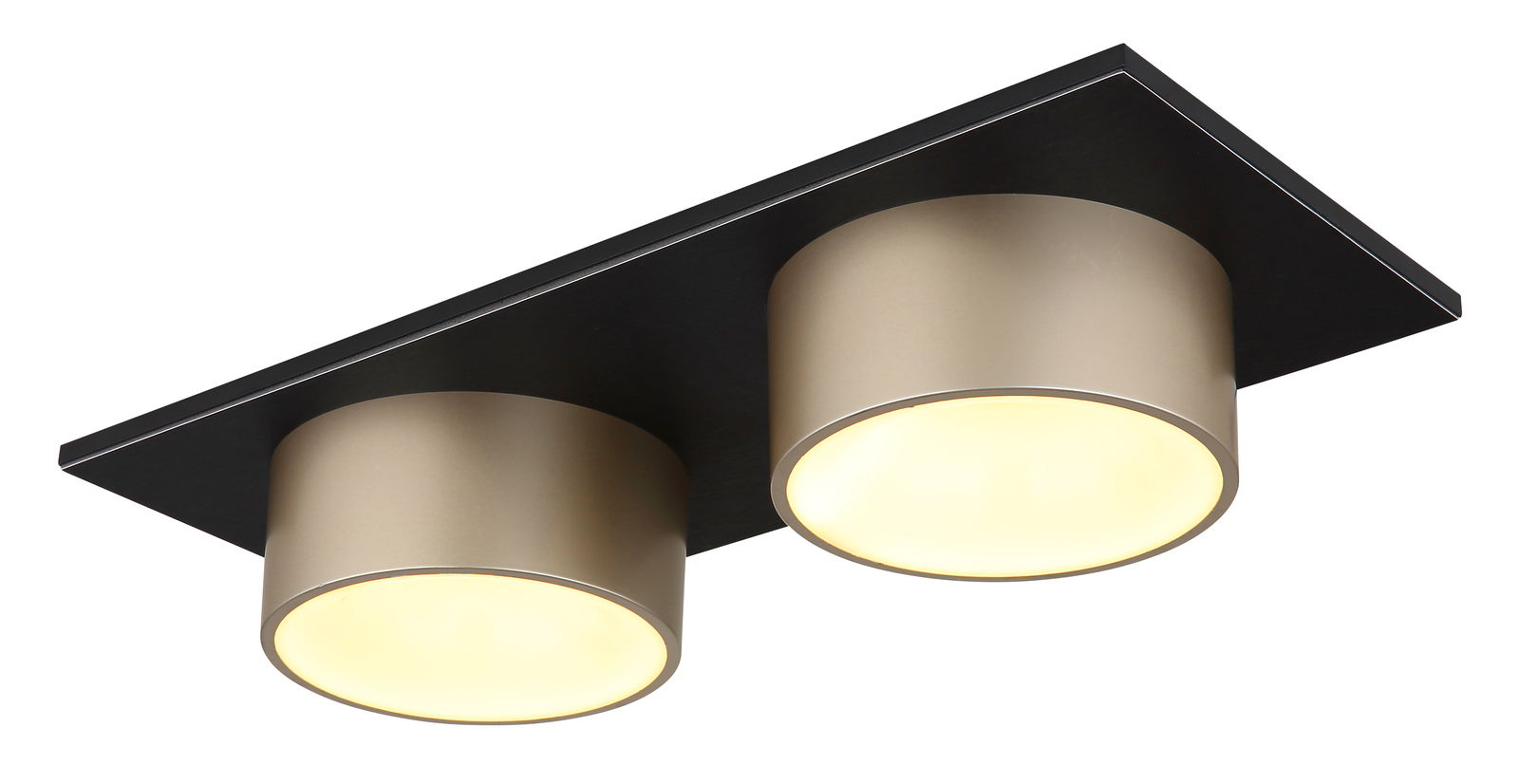 Moderne Deckenleuchte mit zwei zylindrischen, goldfarbenen Lampenschirmen auf einer rechteckigen schwarzen Basis, seitliche Perspektive