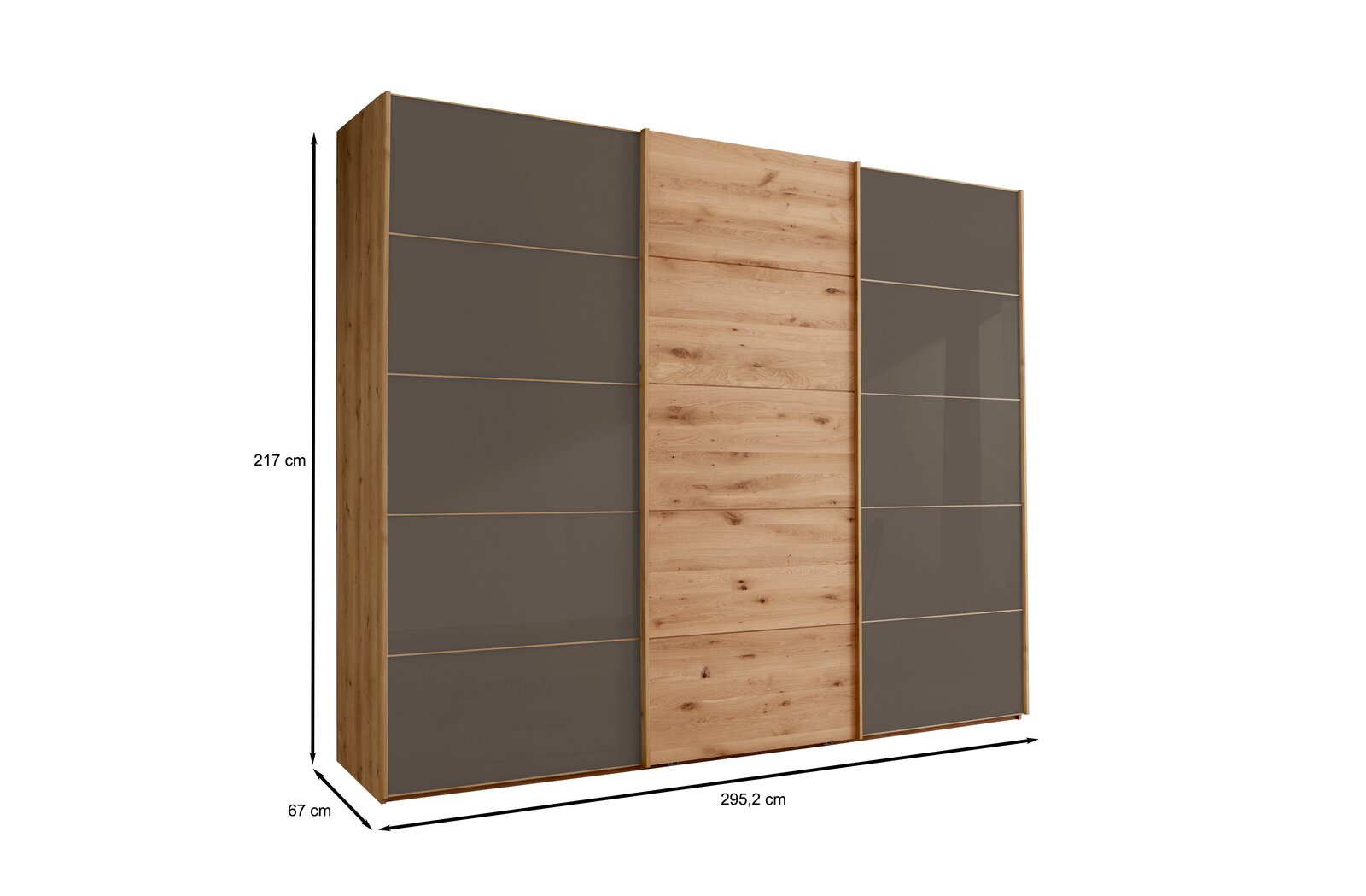 Dreiteiliger Schwebetürenschrank in Holzoptik mit grauen Türen, seitliche Perspektive