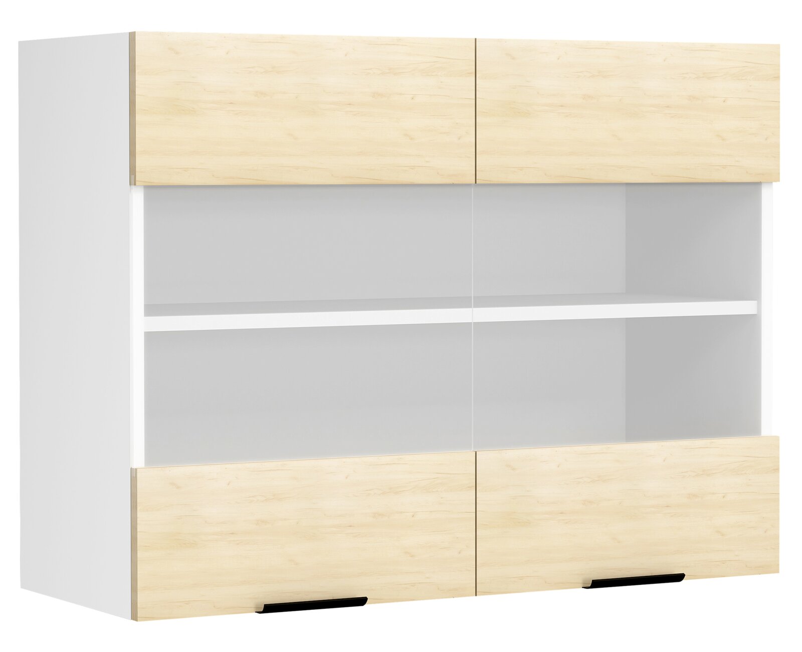 VCM Hängeschrank Glas FASOLA Wandhängender Küchenschrank in Weiß mit hellen Holzfronten, zwei Glastüren und schwarzen Griffleisten, Frontansicht leicht schräg von links