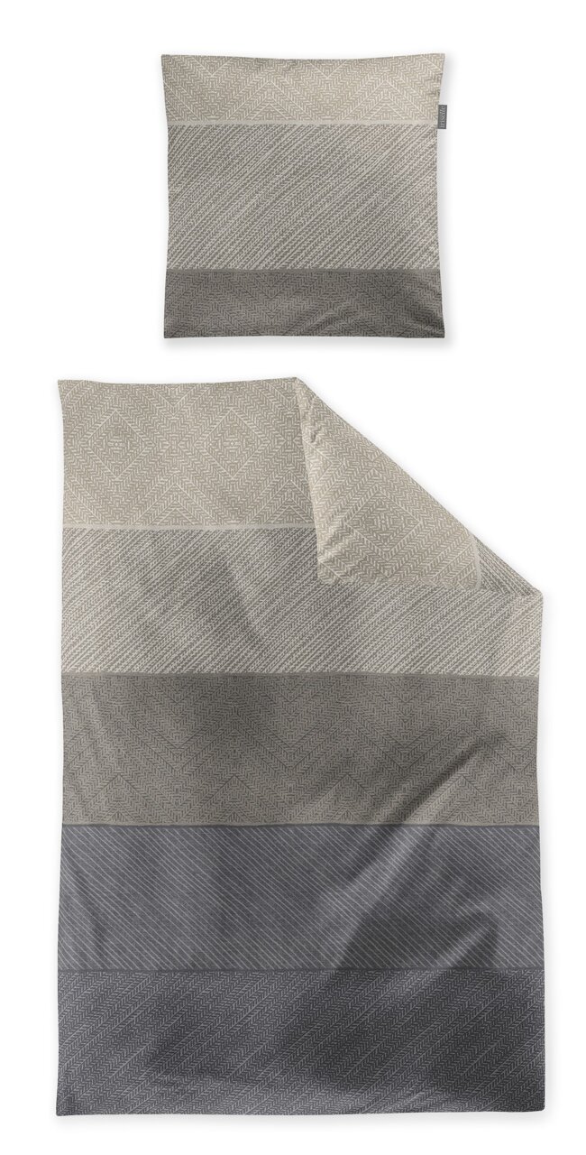 Bettwäsche-Set in verschiedenen Grautönen mit geometrischem Muster, Draufsicht