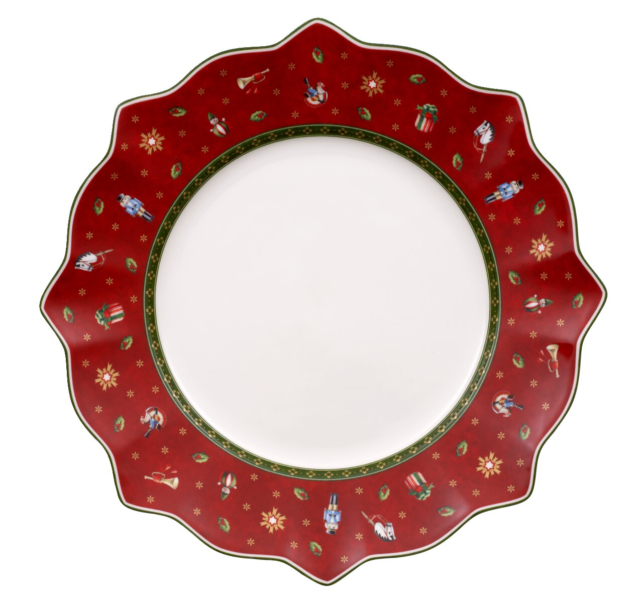 Roter Speiseteller mit weihnachtlichen Motiven und gewelltem Rand, von oben betrachtet.