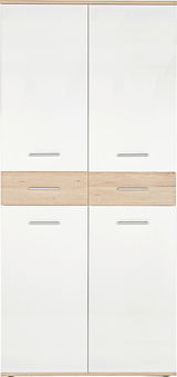 Frontansicht eines modernen XL-Schuhschranks mit weißen Türen und Holzdetails in der Mitte.