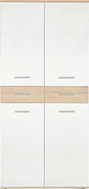 Frontansicht eines modernen XL-Schuhschranks mit weißen Türen und Holzdetails in der Mitte.
