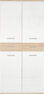 Frontansicht eines modernen XL-Schuhschranks mit weißen Türen und Holzdetails in der Mitte.