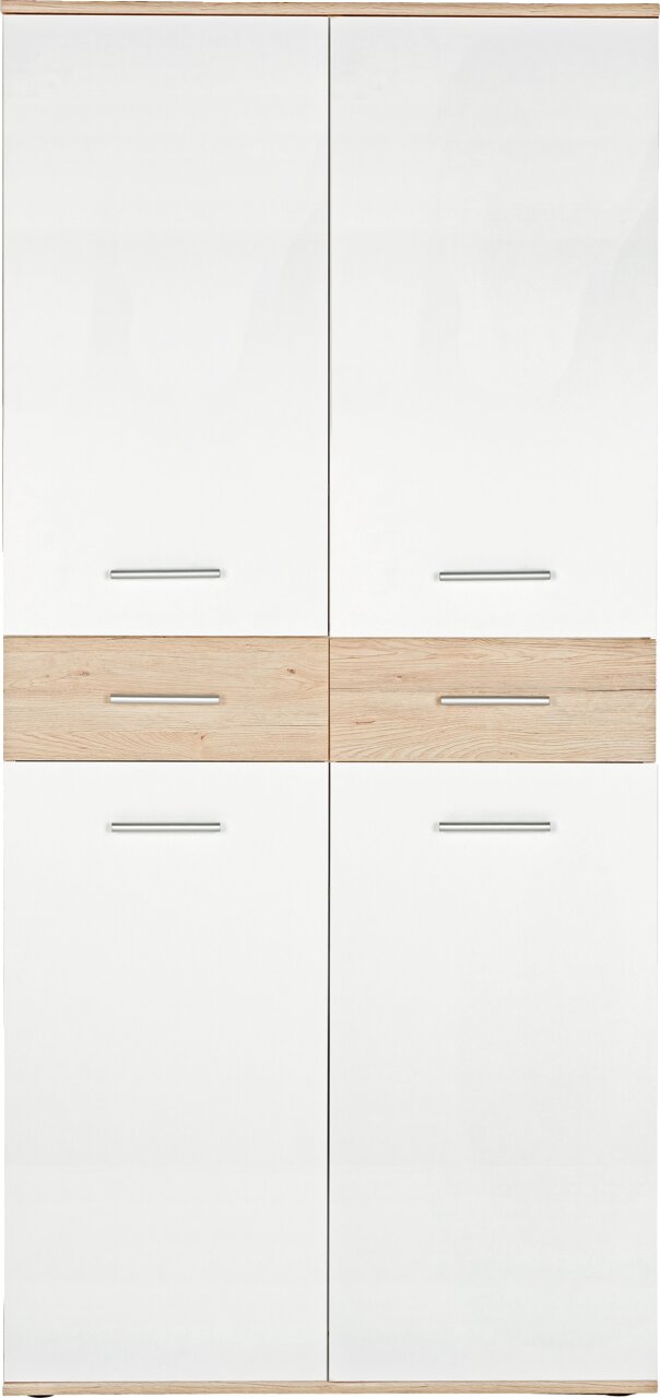 Frontansicht eines modernen XL-Schuhschranks mit weißen Türen und Holzdetails in der Mitte.