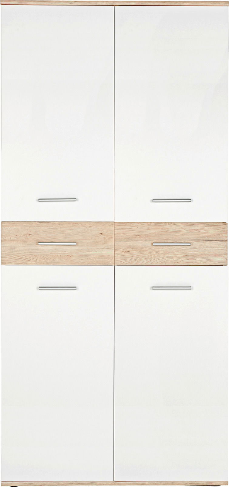 Frontansicht eines modernen XL-Schuhschranks mit weißen Türen und Holzdetails in der Mitte.