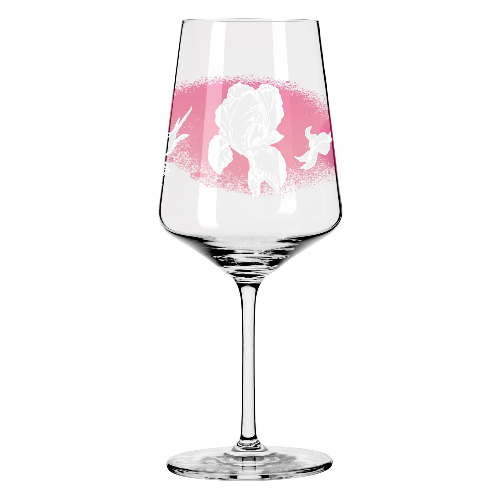 Weinglas mit rosa und weißen Blumenmuster, seitliche Perspektive