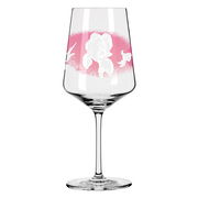 Weinglas mit rosa und weißen Blumenmuster, seitliche Perspektive