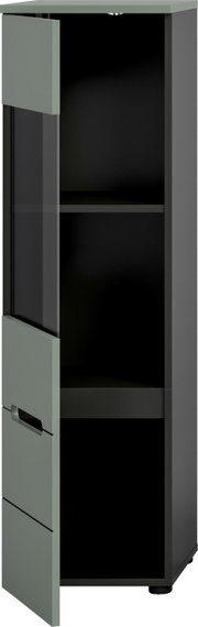 Hoher Badezimmerschrank in Anthrazit mit salbeigrüner Tür und Glaseinsatz, Tür geöffnet mit sichtbaren Ablagefächern, Ansicht schräg von vorn
