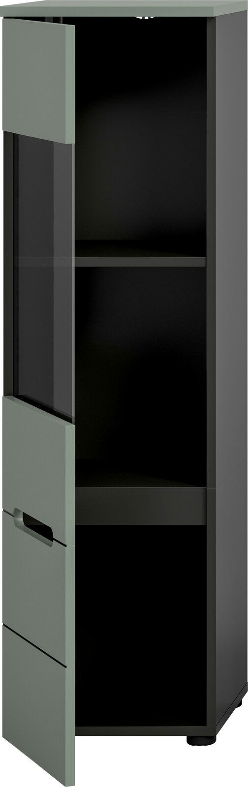 Hoher Badezimmerschrank in Anthrazit mit salbeigrüner Tür und Glaseinsatz, Tür geöffnet mit sichtbaren Ablagefächern, Ansicht schräg von vorn