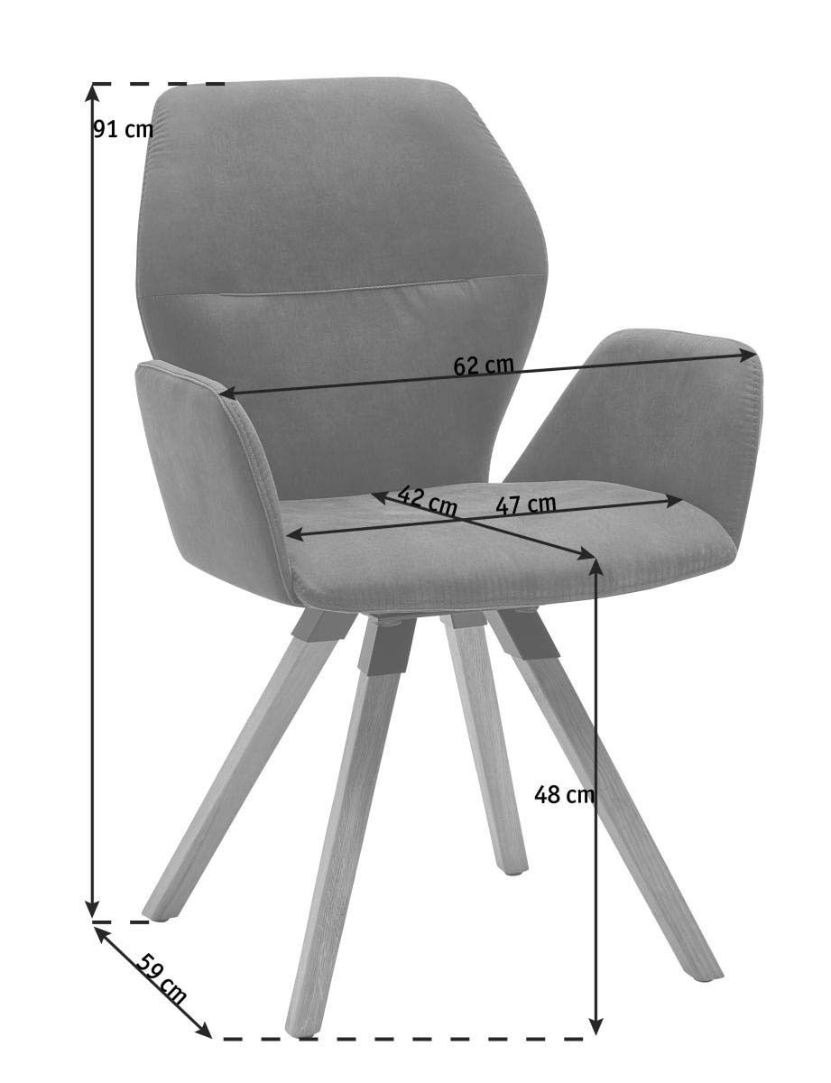 Grauer Armlehnenstuhl mit Holzbeinen, seitliche Perspektive, Maße angegeben.