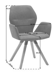 Grauer Armlehnenstuhl mit Holzbeinen, seitliche Perspektive, Maße angegeben.