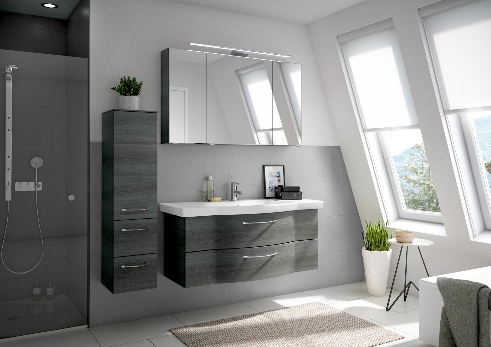 Moderne Badezimmermöbel in dunklem Holzton mit Waschbecken und Spiegel, seitliche Perspektive
