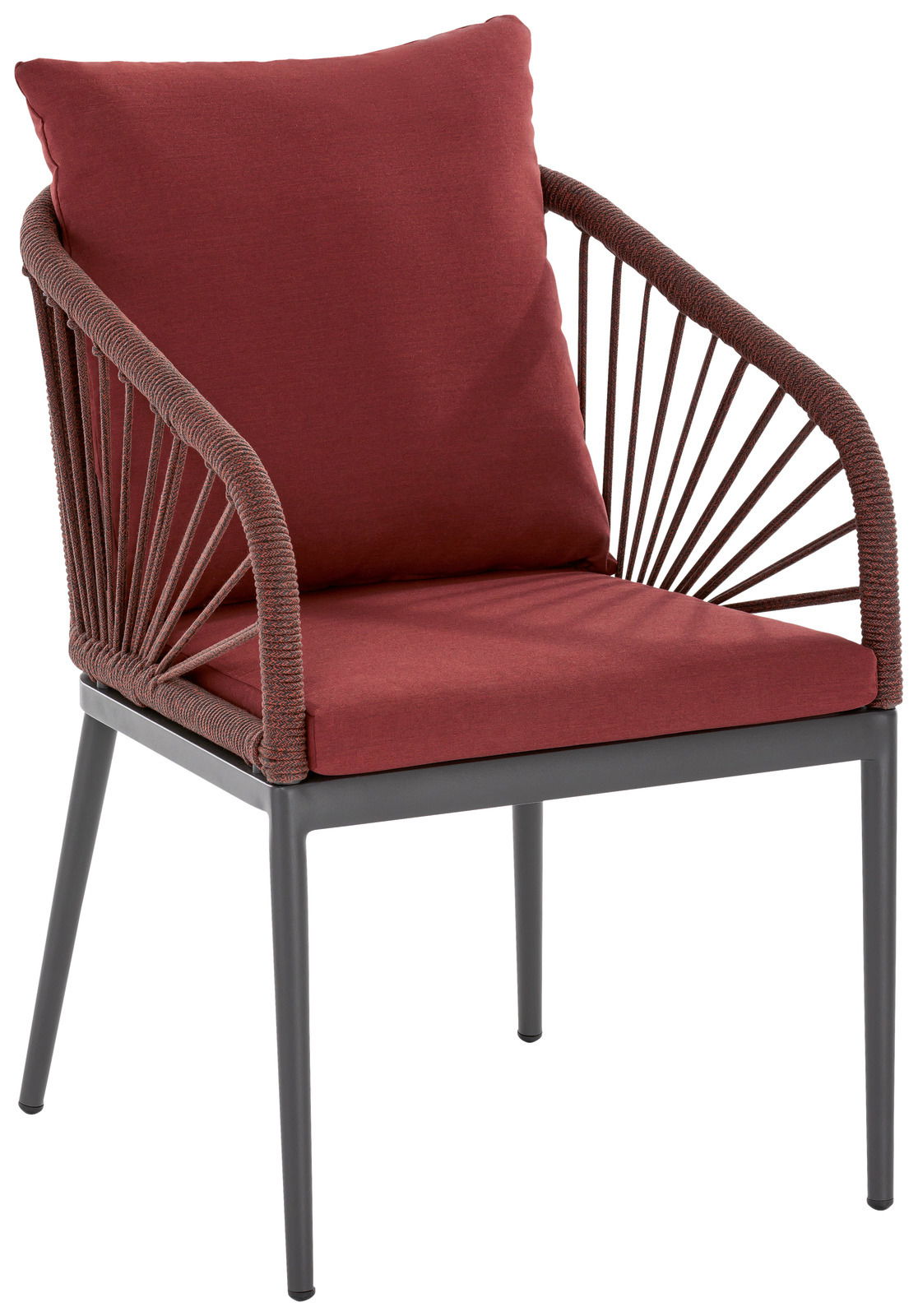 Moderner Designsessel mit rotem Kissen und geflochtenen Armlehnen, seitliche Perspektive