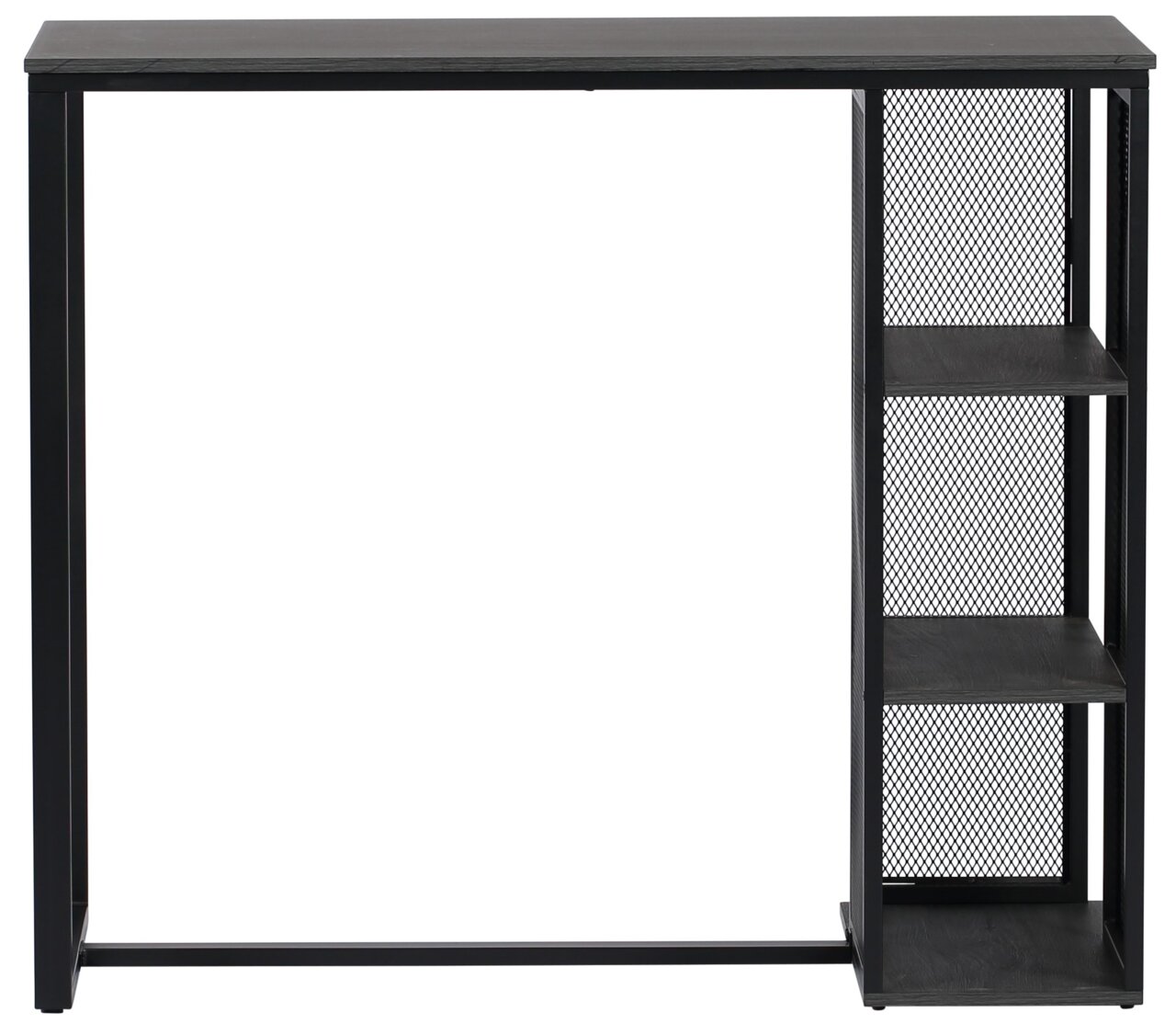 Moderner schwarzer Bartisch mit integriertem Regal, Frontalansicht