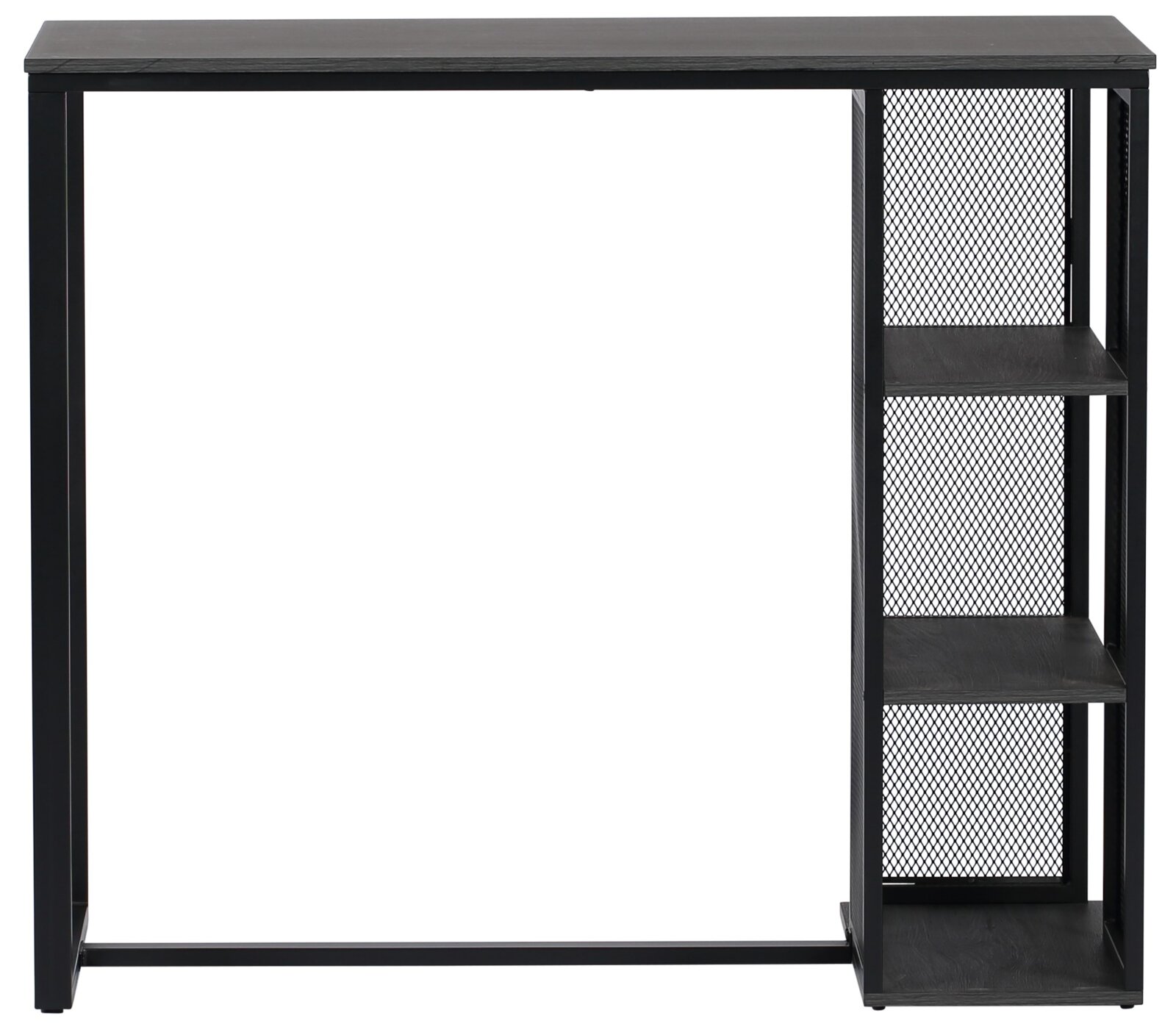 Moderner schwarzer Bartisch mit integriertem Regal, Frontalansicht
