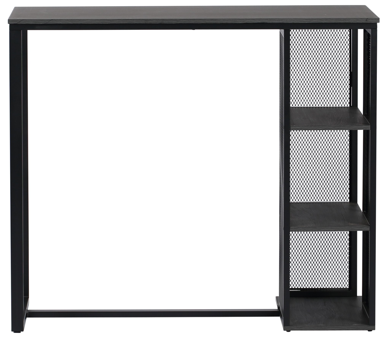 Moderner schwarzer Bartisch mit integriertem Regal, Frontalansicht