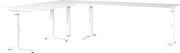 Moderner weißer Eckschreibtisch mit höhenverstellbaren Beinen, seitliche Perspektive
