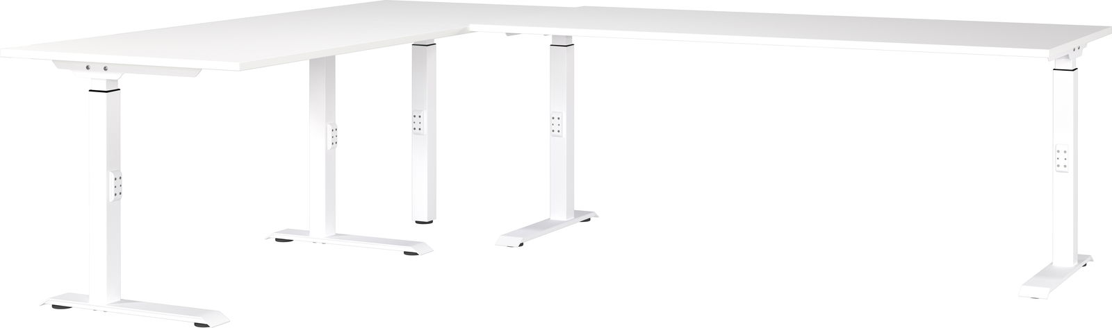 Moderner weißer Eckschreibtisch mit höhenverstellbaren Beinen, seitliche Perspektive