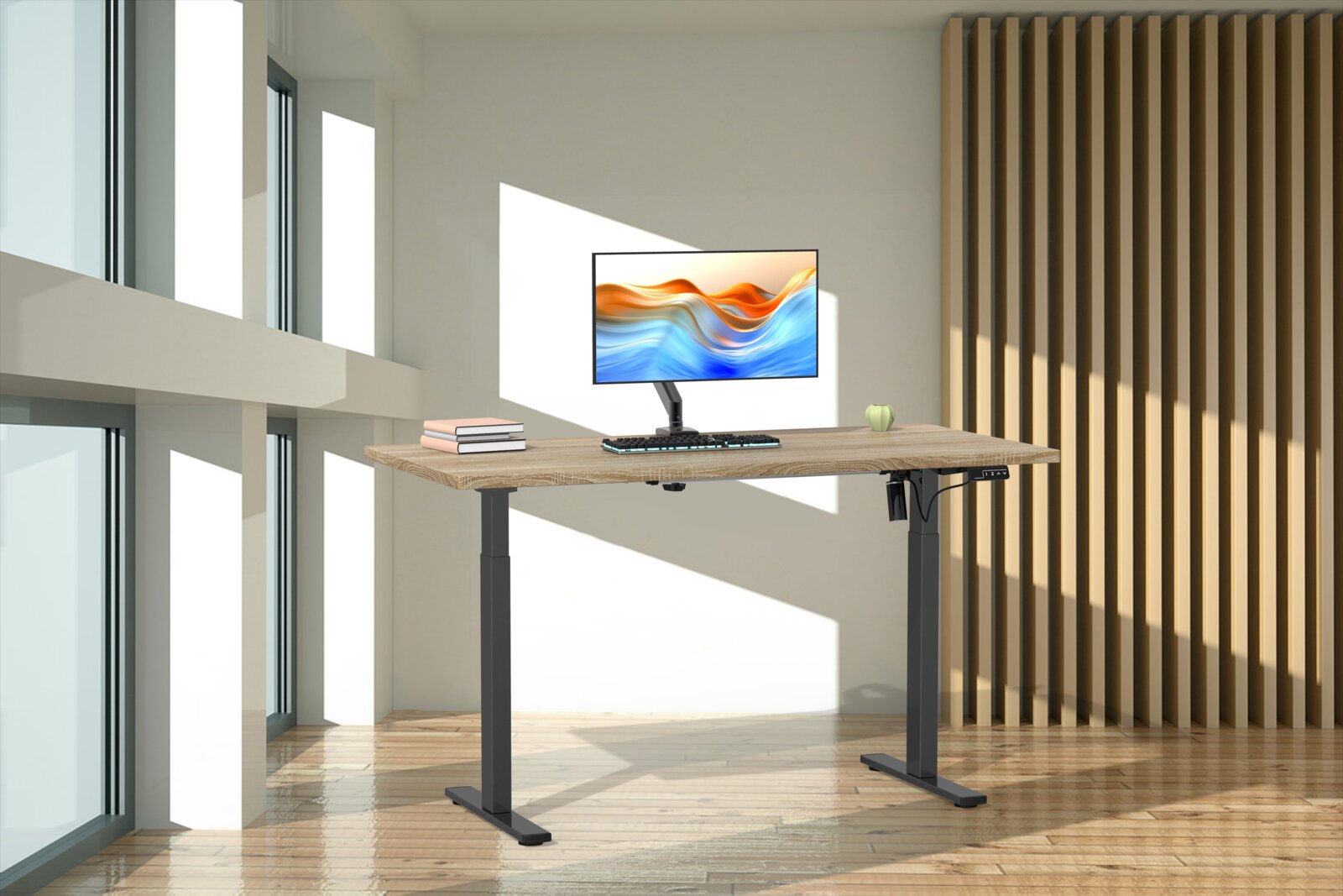Elektrisch höhenverstellbarer Schreibtisch mit Holzplatte und schwarzen Metallbeinen, mit Monitor und Tastatur in modernem, hellem Büro – frontale Perspektive auf das Produkt.