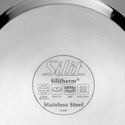 Boden eines Edelstahltopfs mit Silit Silitherm Logo, geeignet für Glas-Keramik, Elektro, Gas und Induktion, aus der Vogelperspektive.