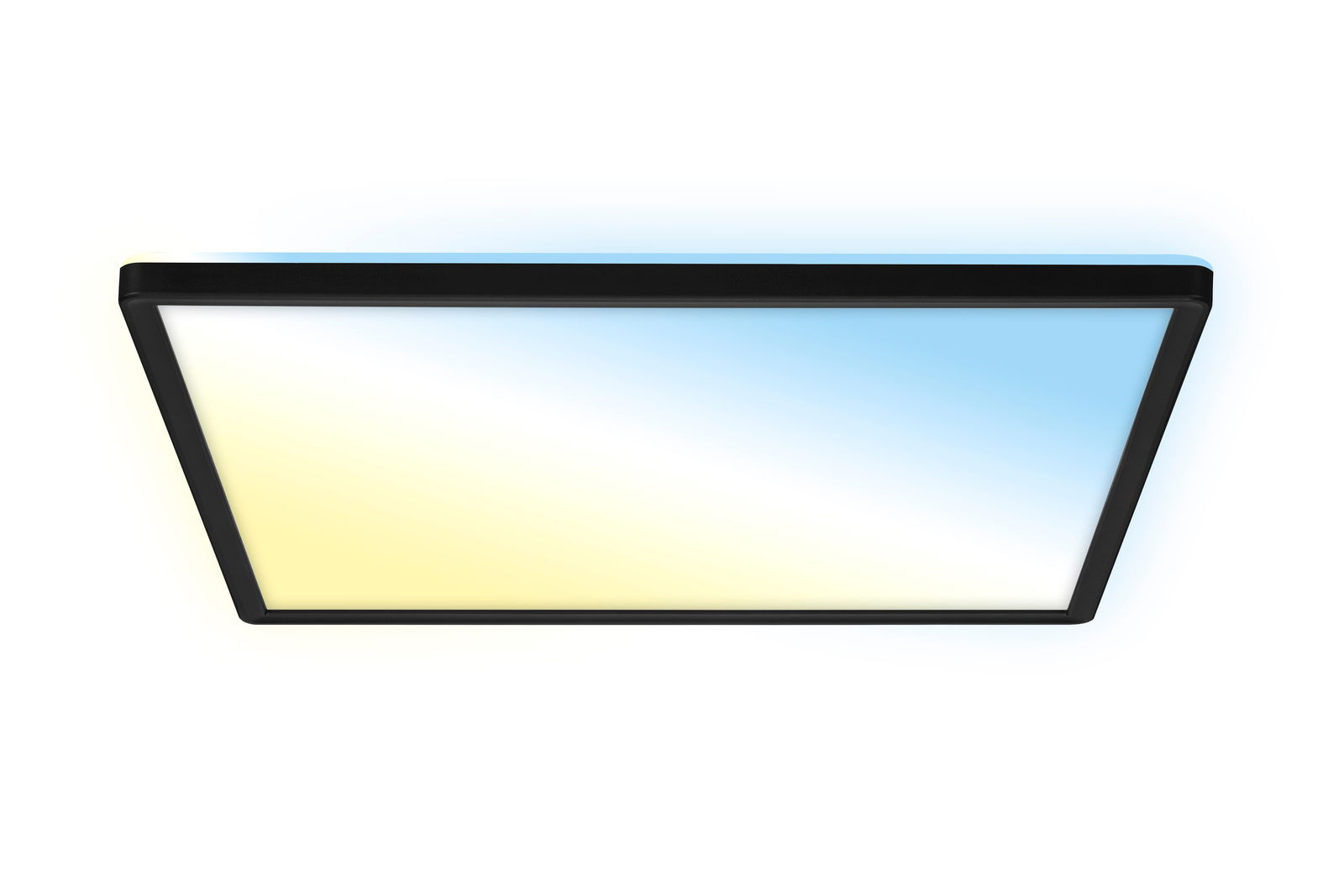 LED-Deckenleuchte in rechteckiger Form mit schwarzem Rahmen, leuchtet in einem sanften Farbverlauf von Blau zu Gelb, Ansicht von unten.