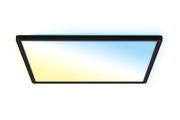 LED-Deckenleuchte in rechteckiger Form mit schwarzem Rahmen, leuchtet in einem sanften Farbverlauf von Blau zu Gelb, Ansicht von unten.